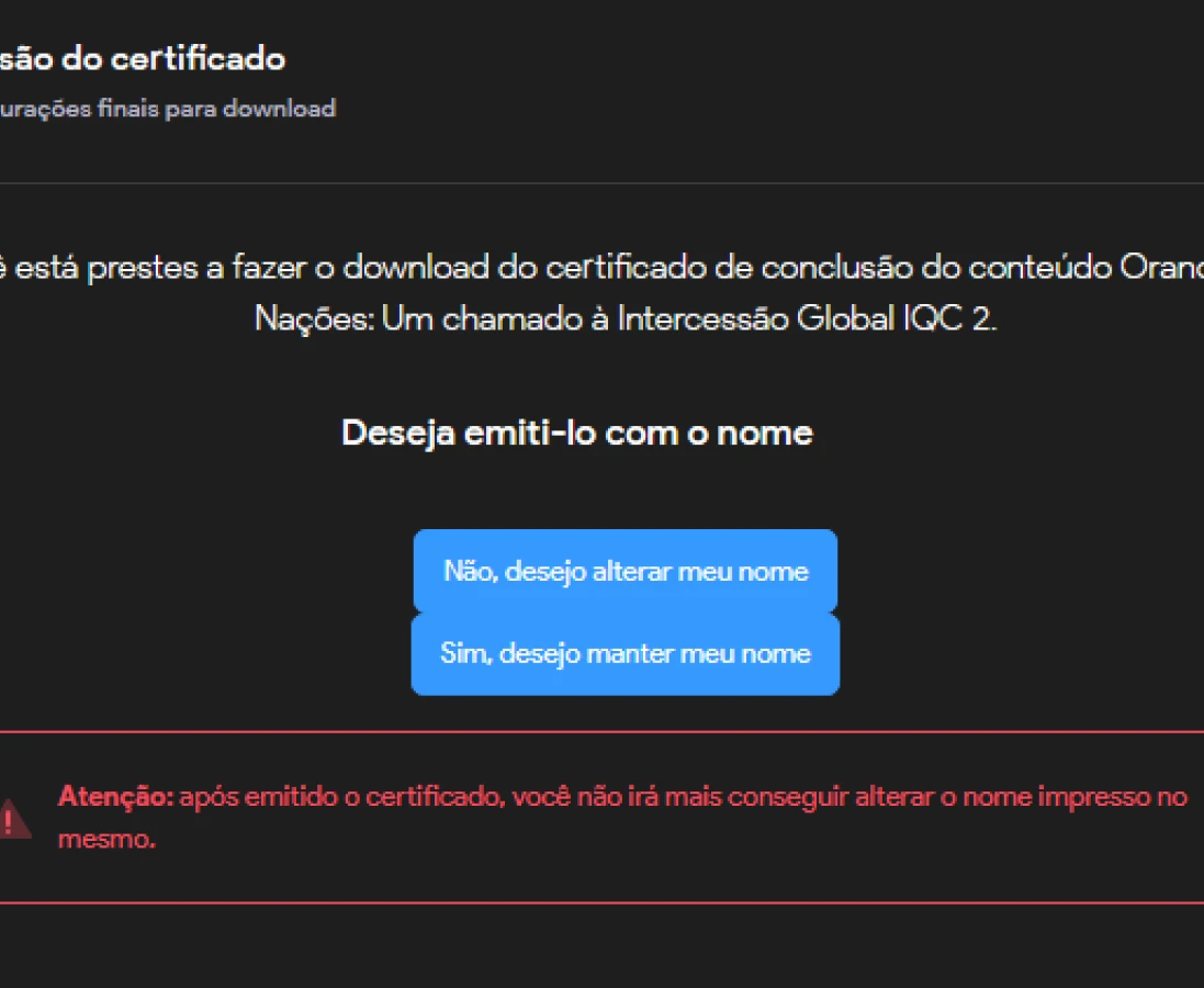 Preenchimento do nome no certificado